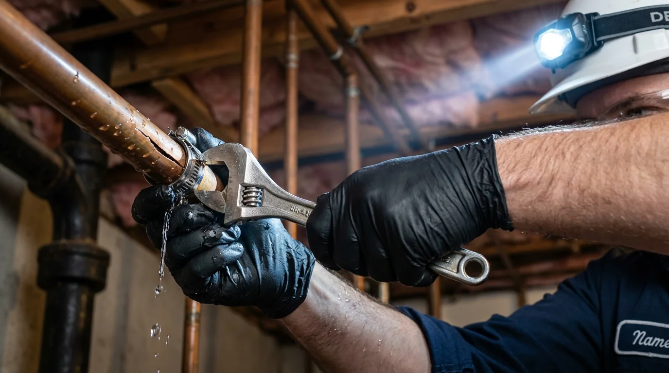 Emergency pipe clamp repair being performed by a Johns Plumbing LLC plumber in Fort Oglethorpe
